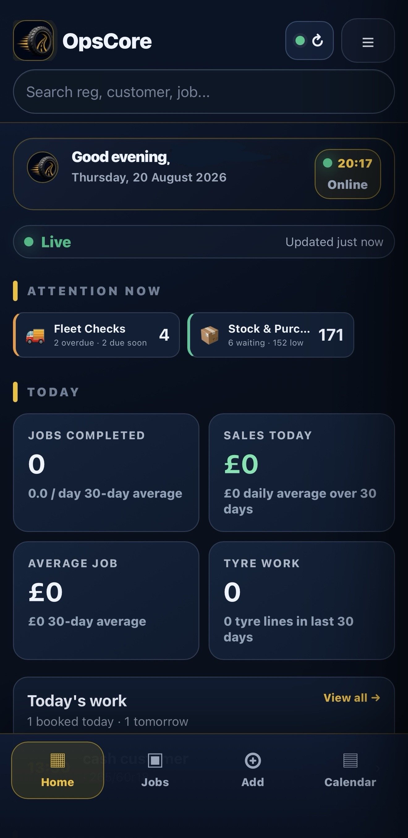 OpsCore mobile app showing a tyre job workflow